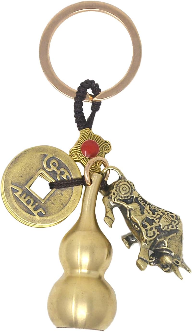 Feng Shui Five Emperors Money Copper Gourd Keychain Zodiac Wealth Ox Statue and Wu Lou Gourd Calabash With Brass Coins W4432, Brown, M