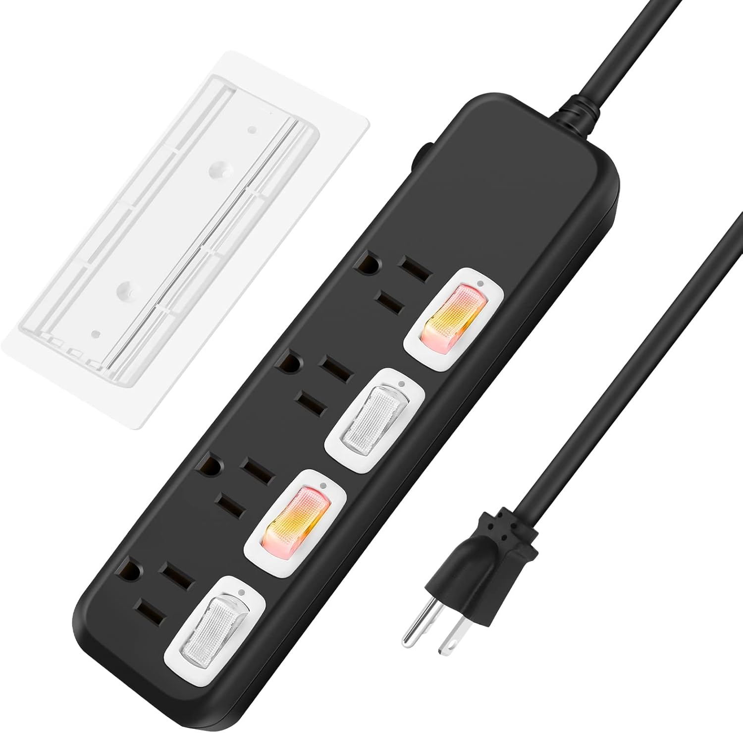 Under Desk Power Strip with Individual Switch, 4 Outlet Adhesive Wall Mount Power