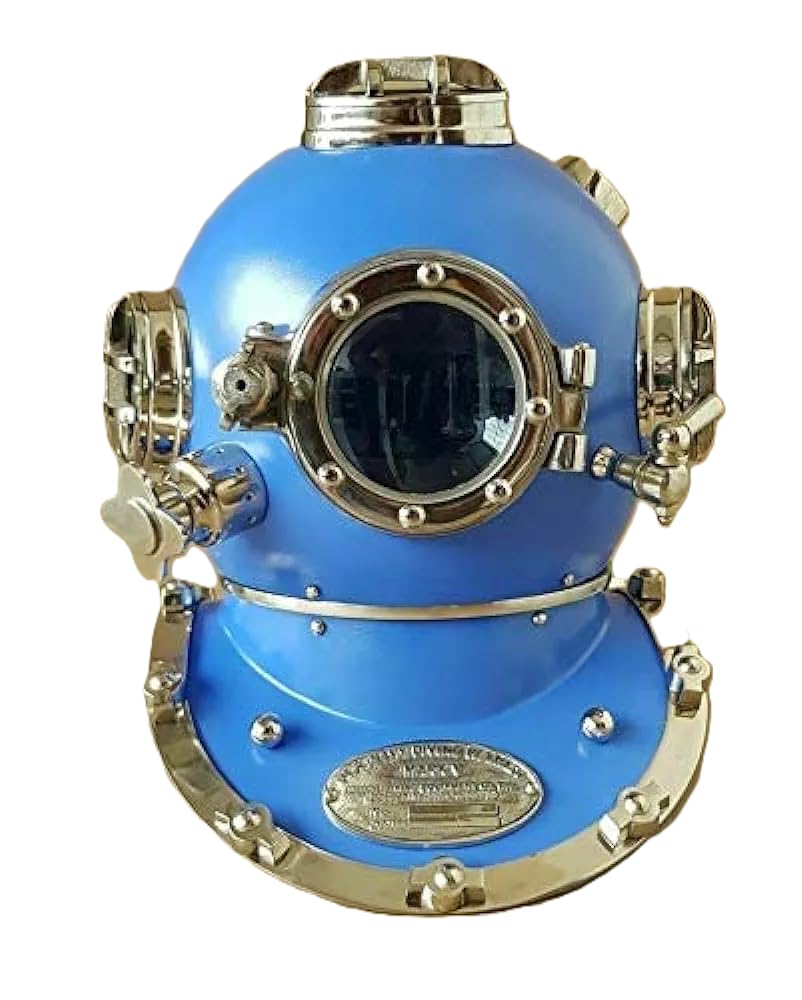 Antique Brass US Navy Mark Vintage Divers Diving Helmet - Blue Diving Helmet with Mark V Deep Scuba Sea Divers Helmet - Marine Divers Gift Ideas, Sea Maritime Nautical Decor Ideas.