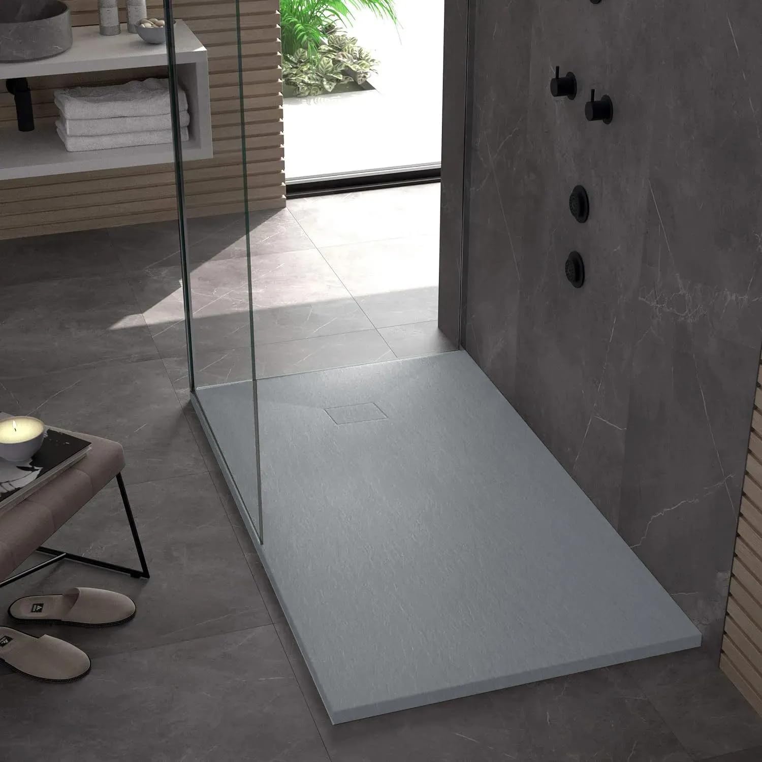 VBChome Plato de ducha, 100 x 80 x 2,5 cm, gris estructura de piedra, plato de ducha extraplano, rectangular, desagüe de desagüe SMC, compuesto SMC, instalación universal, sifón