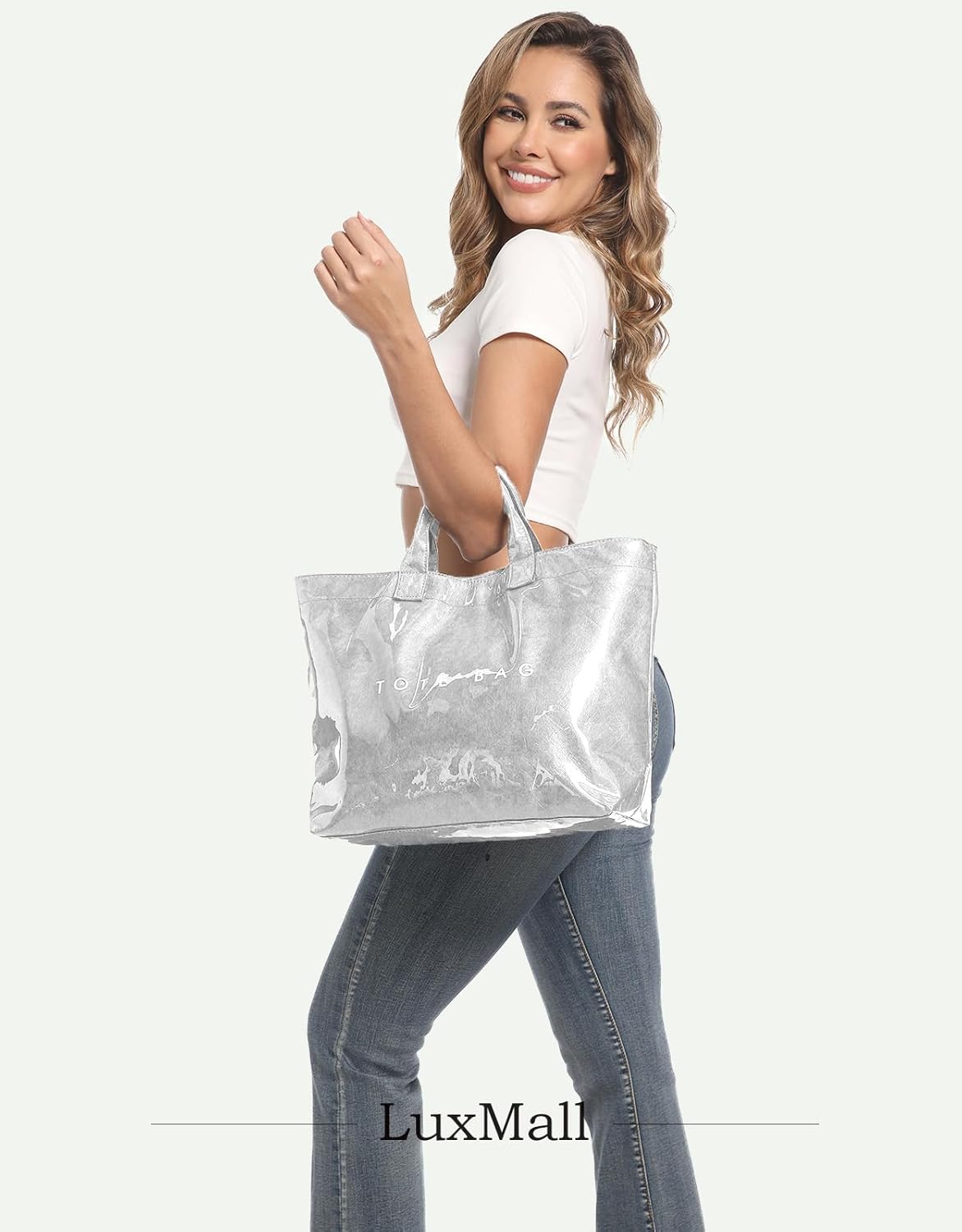 PVC Tote Bag for Women Large Tote Purse Kraft Paper Letter Print Hobo Handbags for Work Beach Shopping Travel