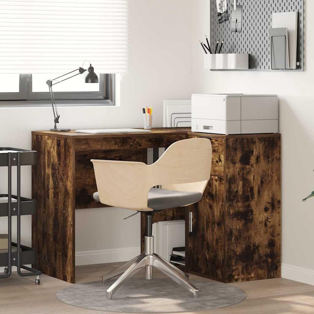 Scrivania angolare con mensola, rovere affumicato, 102 x 50 x 75 cm, materiale in legno, scrivania per computer per casa, ufficio, gioco, scrittura