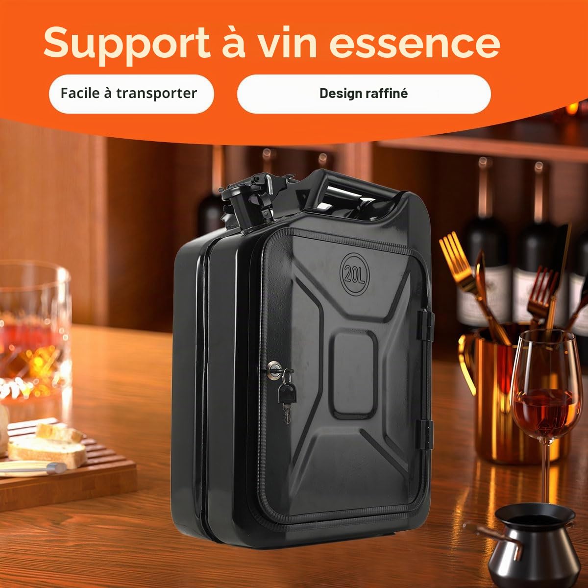 Jerrycan Bar à bidon de 20 l, verrouillable, à 4 compartiments, en métal, noir, cadeau d'anniversaire pour homme, minibar verrouillable, 34 x 46 x 16 cm