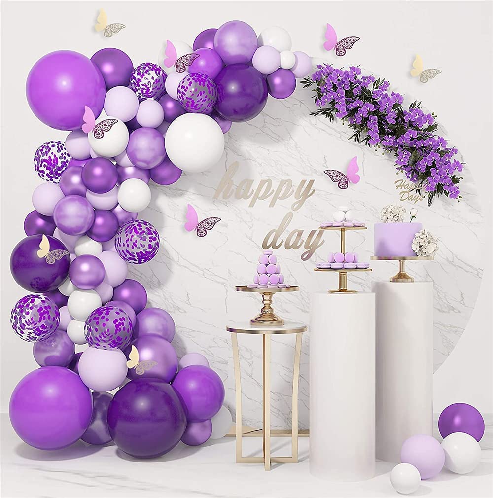 AM ANNA 124 Birthday Party Decoration Purple Balloons Garland Arch Kit - Purple White Confetti Latex Balloon, Butterfly Balloon Arch Kit for Birthday Baby Shower Wedding Graduation Party Decorations