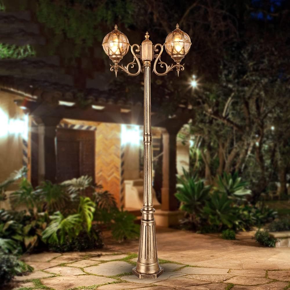 Decking Post Lights Lamp Post Lights Outdoor, 2-Lights High Pole E27 Pillar Lamps Globe Glass Waterproof Road Lighting Fixtures (Bronze Height: 1.7M) (Bronze Height: 1.7M)