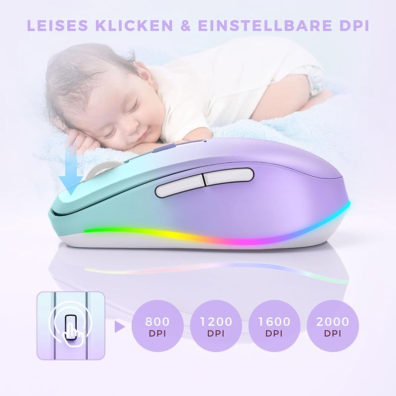 Seenda LED Vezeték Nélküli Egér, Újratölthető Jiggler Funkcióval, Csendes 2.4G USB Egér Laptophoz, 2000 DPI, Világító, Világoszöld-Lila