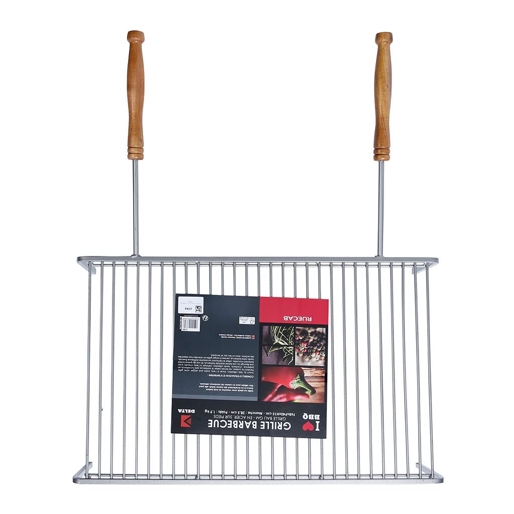 RUECAB - Grille de Barbecue Simple, Grille Barbecue rectangulaire, Grille BBQ 68x40 - Grille Simple - sur Pieds - Manche en Acier - Poignée en Bois d'acacia - Dimensions: 68 x 40 x 15 cm