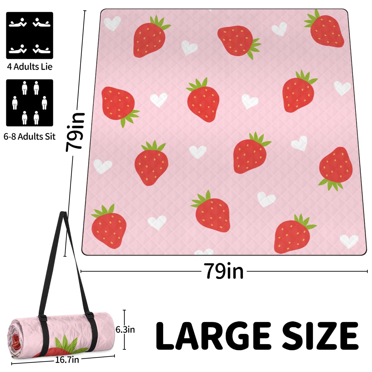 Shimoshe Extra Large Picnic Blankets 79”x 79”, Love Strawberry Waterproof Foldable Picnic Mat with Straps Portable Beach Blanket for Camping Park Grass Beach Indoor
