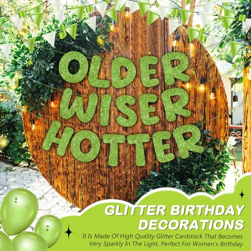 Image of Fulmoon Set of 3 Pre Strung Older Wiser Hotter Glitter Banner Funny Birthday Banner for Women 30th 40th 50th 60th 70th 80th Birthday Party Decorations Sign Gift(Grass Green)