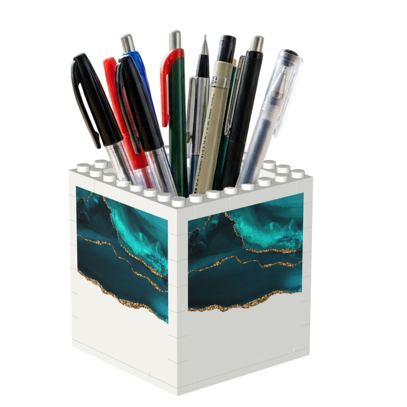 Poadnly Modern Stylish Teal Gold Agate On White, Pen Pot Pencil Holder for Office Home School, Compact Desk Organiser for Office Stationery