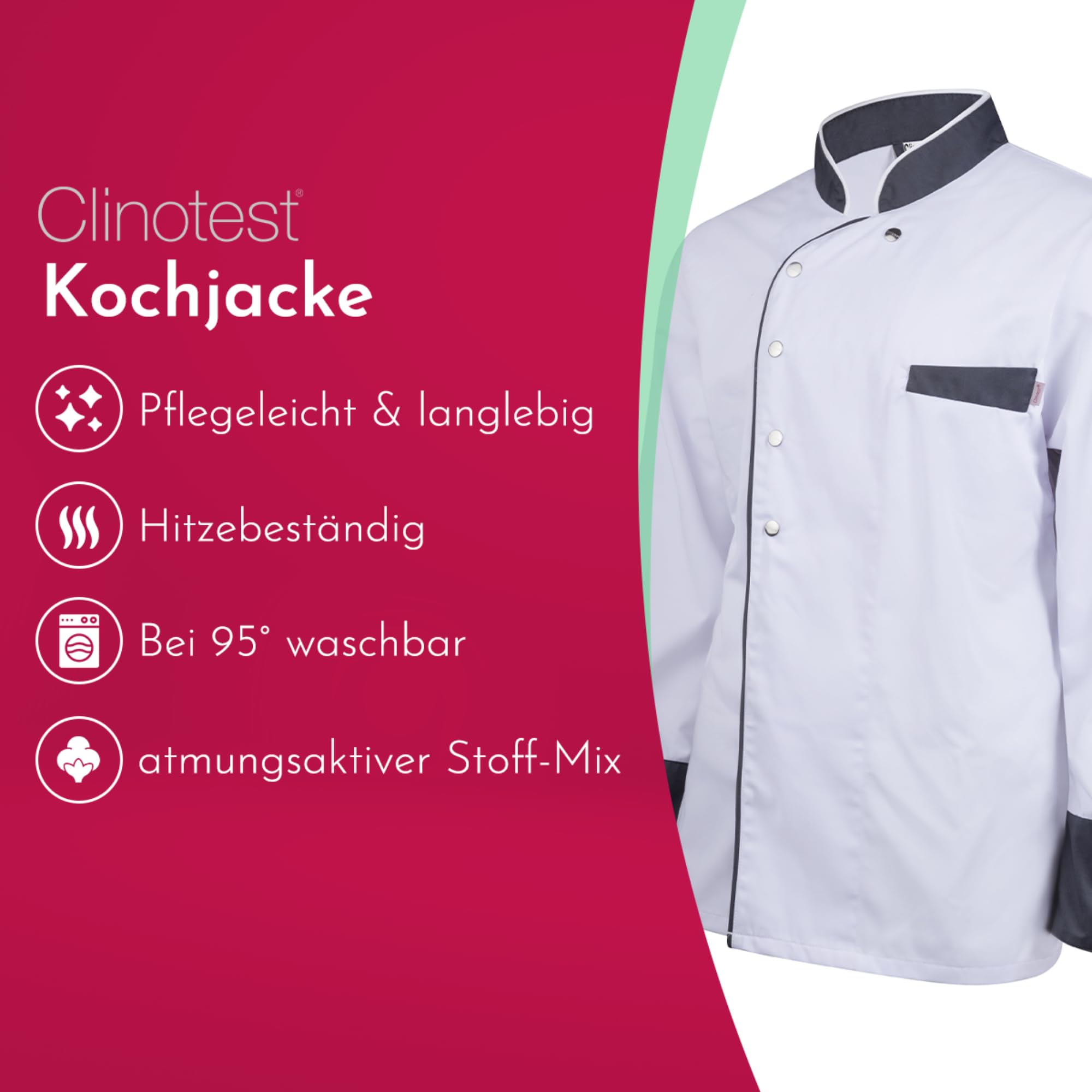 Clinotest Kochset aus Kochjacke & Kochhose Unisex – Profi-Kochbekleidung für Damen & Herren – Waschbar bis 95°C – Atmungsaktiv & robust – individuell auswählbare Größe und Farbe