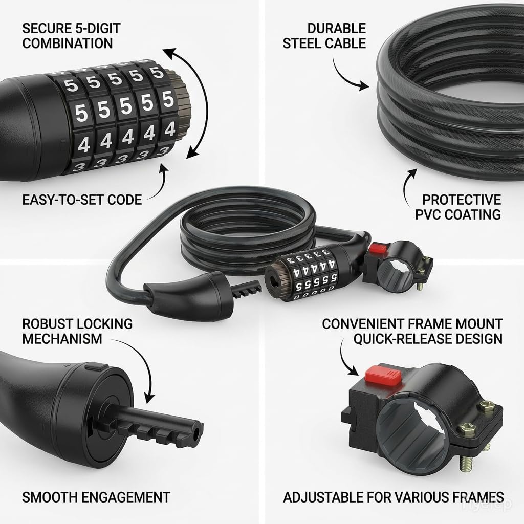 Bike Cable Lock for Electric Bicycles - 5-Digit Resettable Combination Lock, Waterproof and Durable, Ideal for Secure Parking, Easy to Use