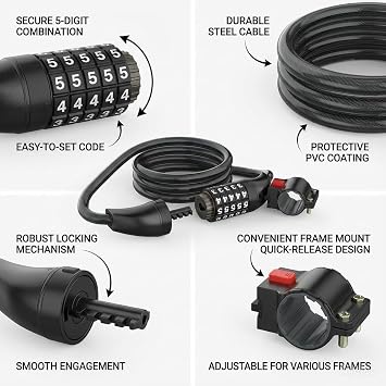 Bike Cable Lock for Electric Bicycles - 5-Digit Resettable Combination Lock, Waterproof and Durable, Ideal for Secure Parking, Easy to Use