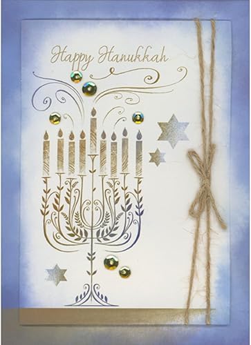 Designer Greetings Premier Collection - Tarjetas de Hanukkah Deluxe, diseño de menorá biselada (4 tarjetas con sobres azul claro)
