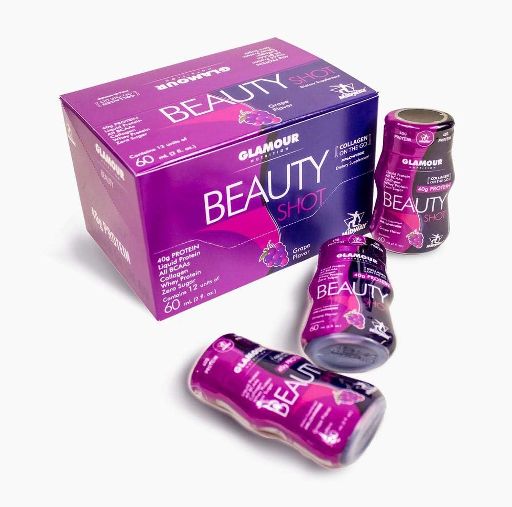 Midway Labs Glamour Nutrition Beauty Shot Hydrolyzed Collagen Whey Protein on the go Shot | Zero Sugar, Whey Protein Isolate | 12 - 60mL (Grape)