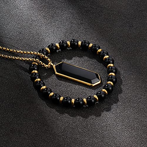 2Pcs Mens Jewelry Set - Black Crystal Necklace And Bracelet Set With Black Onyx And Gold Pendant2