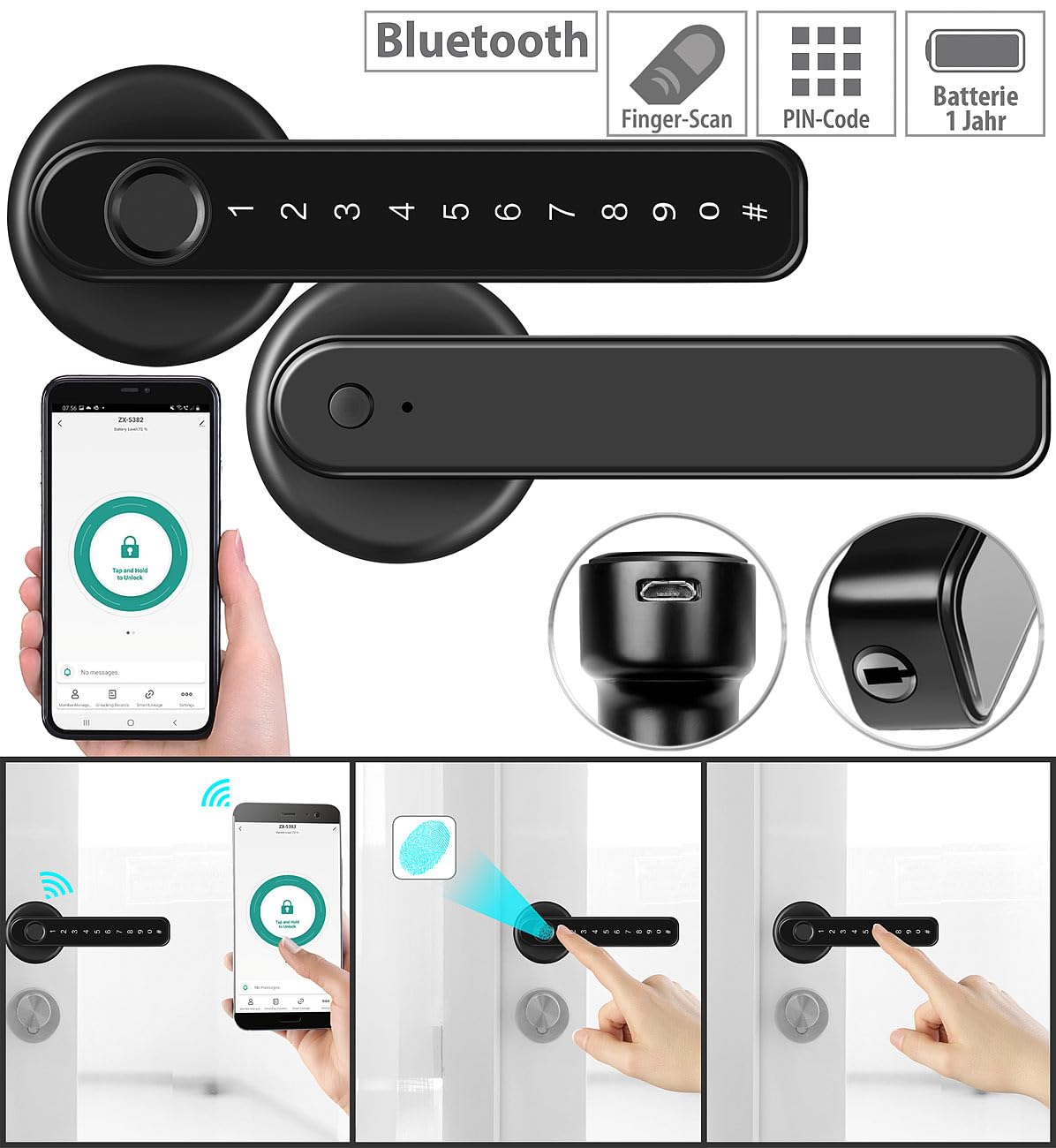 VisorTech Fingerabdruck Schloss: Smarter Sicherheits-Türbeschlag mit Finger-Scanner, PIN & App, schwarz (Smarter Türgriff, Fingerabdruck-Türbeschläge, WC)