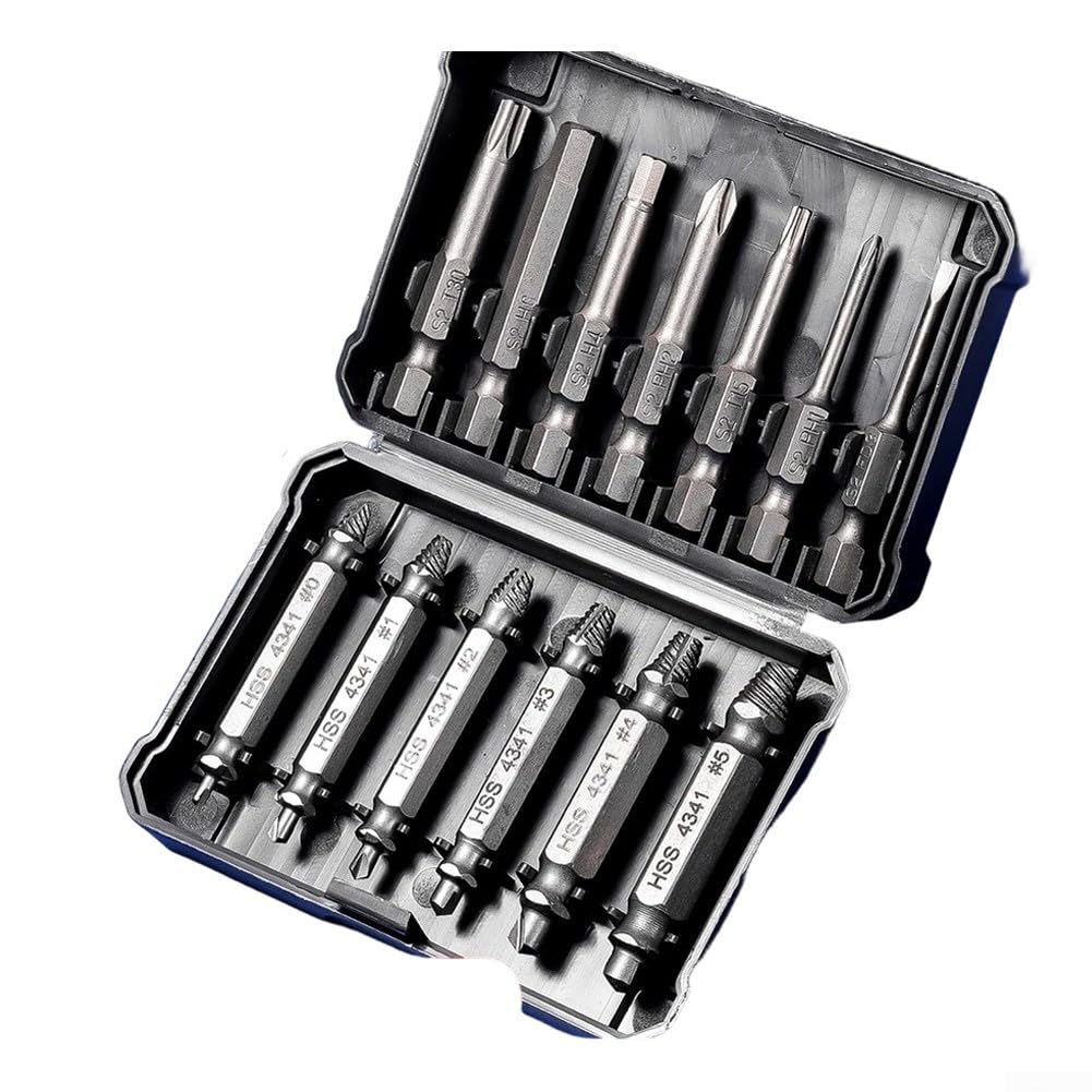 Juego de extractores de tornillos de 14 piezas, kit de extracción de pernos rotos HSS de 3 a 12 mm con brocas para tornillos dañados, herramienta de extracción profesional (14 + brocas)
