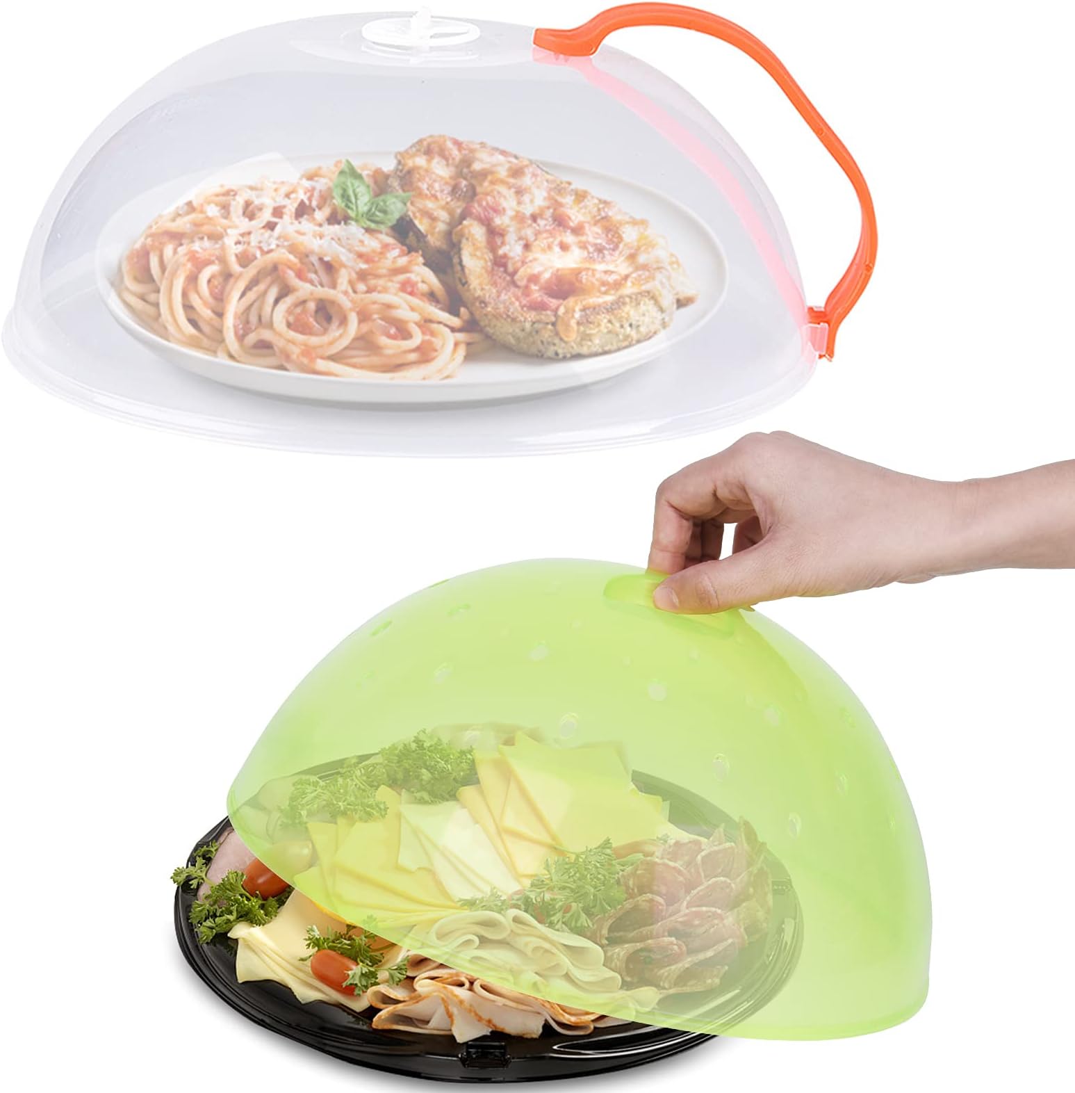 Microwave Plate Cover, Anti-Splatter Plate Lid with Steam Vents, Microwave Food Cover, Microwave Splatter Guard Lid with Food-Grade PP Material BPA-Free, 2 Pack(Green one NO Handle)