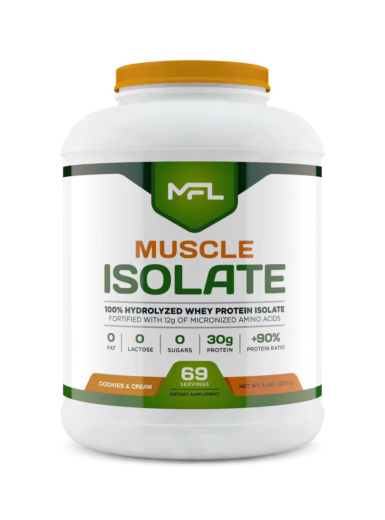 Proteína aislada MFL 100 % de Muscle Food Labs l 30 g de proteína l 12 g de aminoácidos l Apto para dieta cetogénica l Bajo en carbohidratos l 2,25 kg (Galletas y crema)