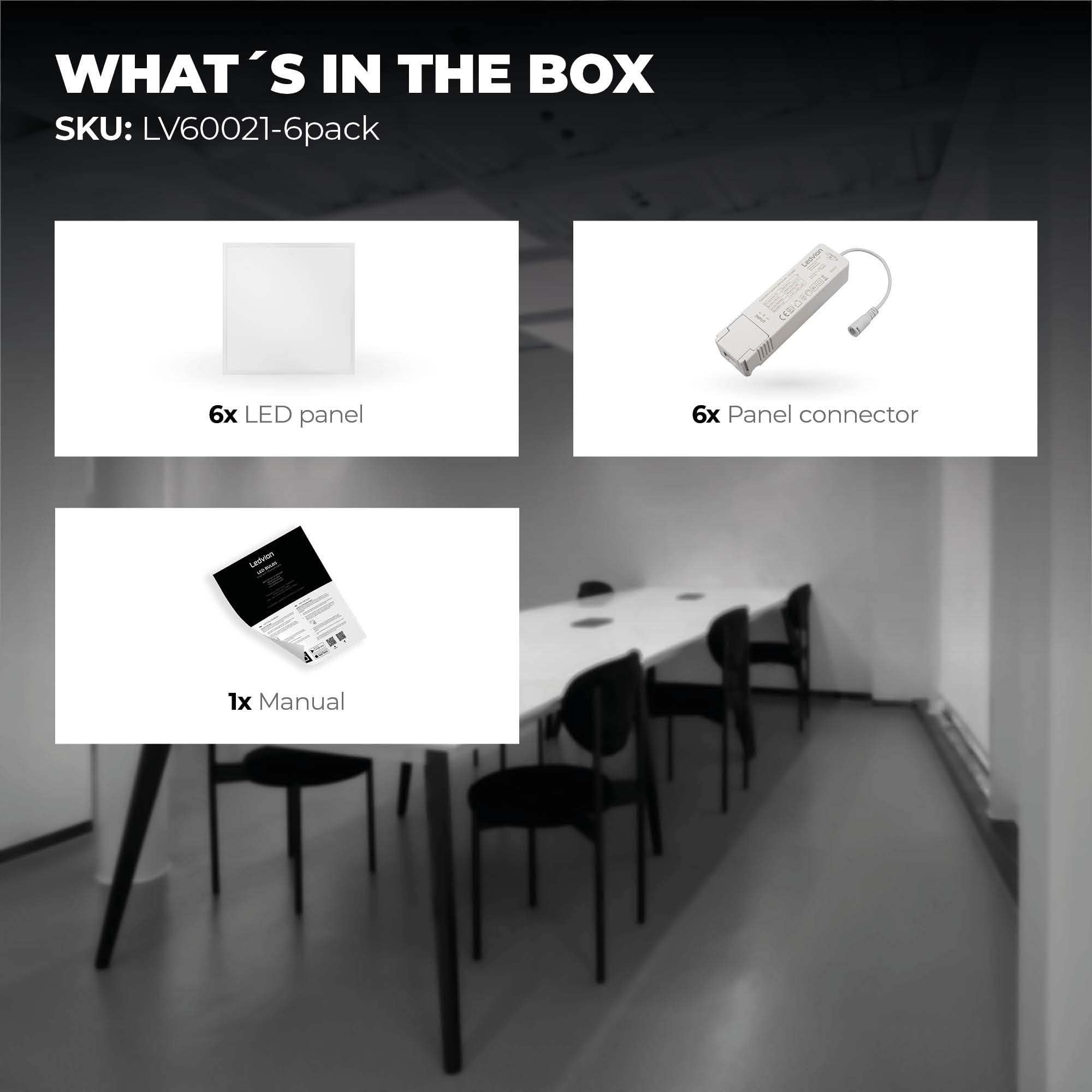 Ledvion - 6X Panel LED, 60x60, 24W, 6500K, 5040 Lúmenes, Luminaria Empotrada, Incluye Driver LED y Conector Rápido