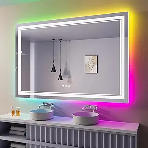60x30 Inch LED Bathroom Mirror with Lights, Color Changing RGD Backlit and Front Light Mirror,Lighted Vanity Mirrors for Bathroom Wall, Dimmable, Anti-Fog,Shatterproof,Memory