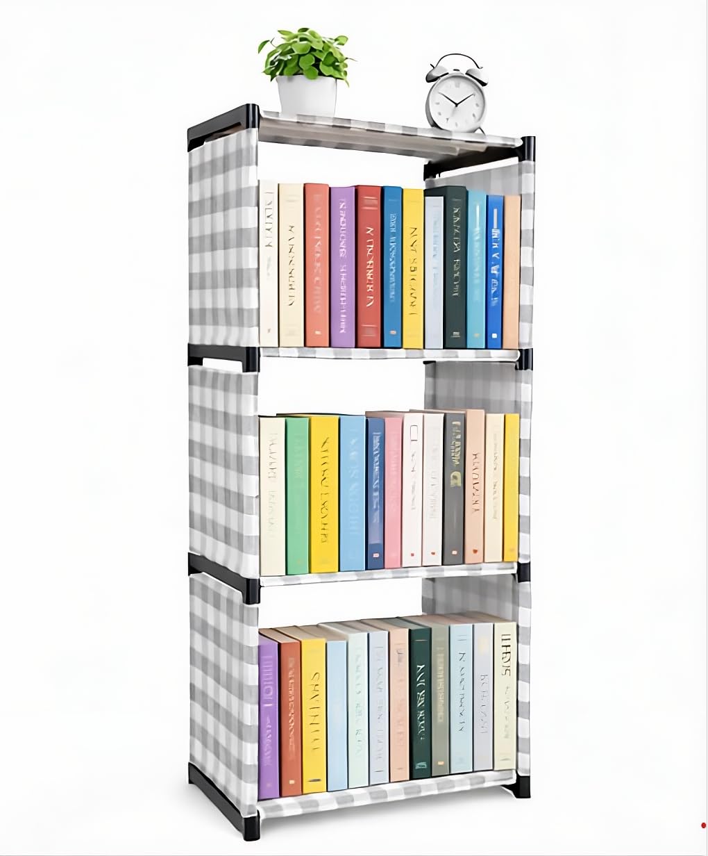 4-Tier Fabric Bookshelf Organizer – Heavy-Duty 140 GSM Fabric Book Rack, Space Saving Storage Shelf for Books, Home Office Bedroom Living Room, Easy Assembly, Modern Grey Check Design-image-30