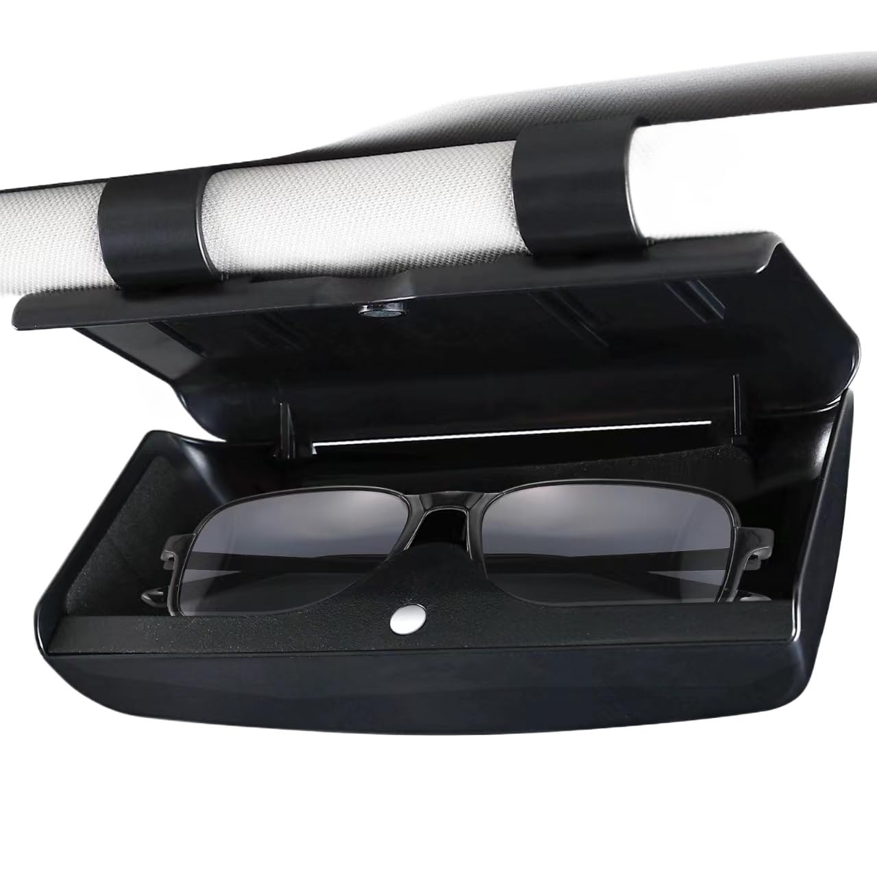 Car Sunglass Holder Magnetic Drving Glasses Case Storage Hard Case Box with Card Slot holders SUV Tan truck Clip Car Accessories Sun Visor Organizer (KAFANLIN black)