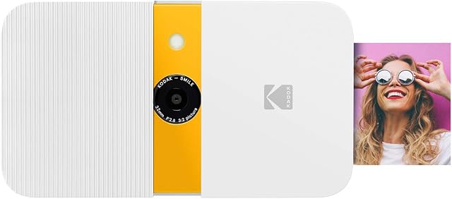 KODAK Smile Instant Print Digital Camera  Slide-Open 10MP Camera w/2x3 ZINK Printer, Screen, Fixed Focus, Auto Flash and Photo Editing  White/Yellow