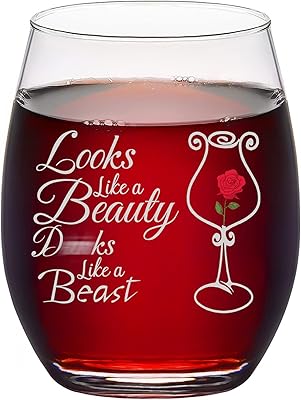 Looks like a Beauty D-ks like a Beast Stemless Wine Glass, Wine Gift for Women Friends Wife Mom Her Wine Lovers, Novelty 15 Oz Wine Glass for Birthday Christmas Valentines Day