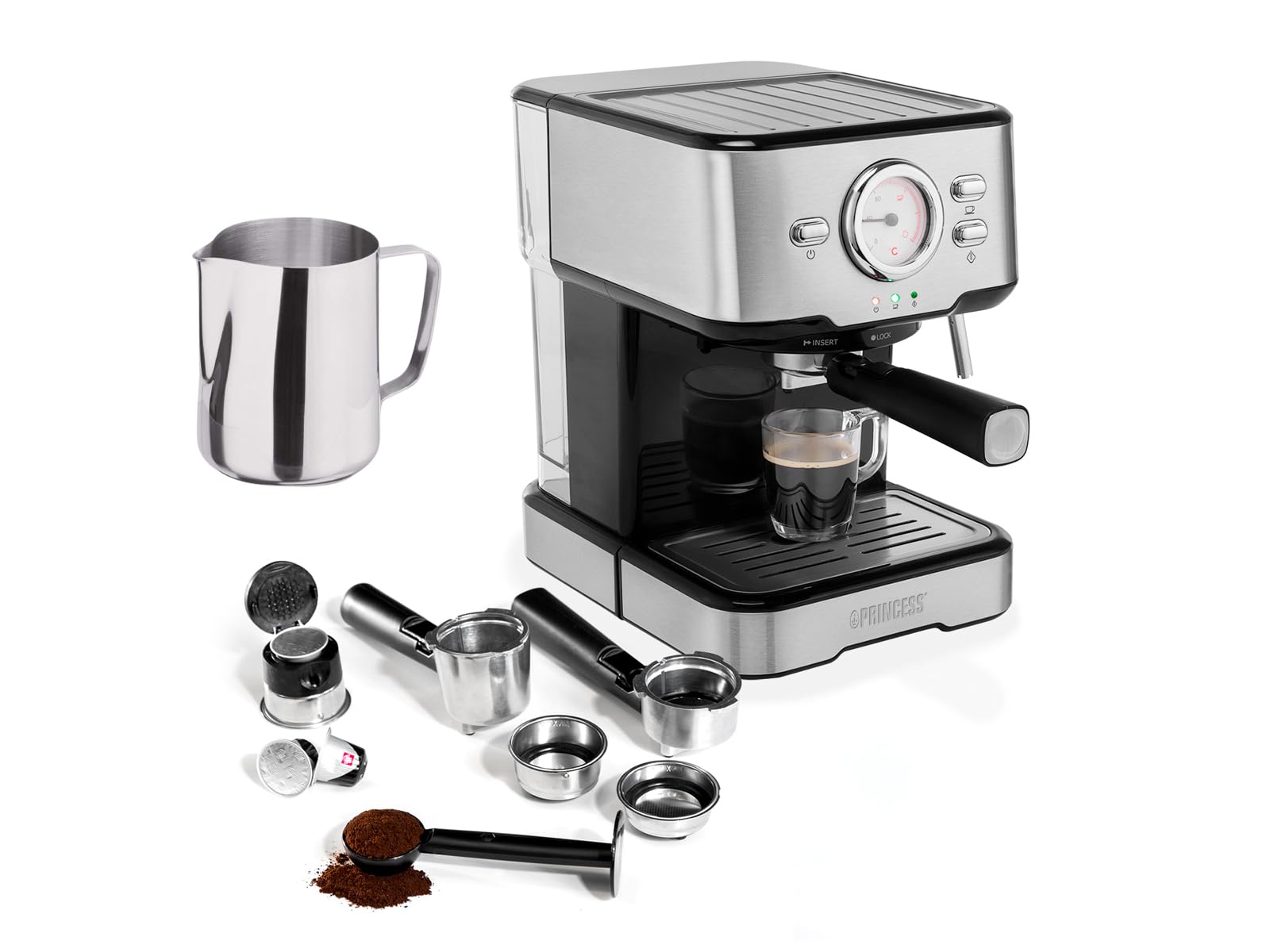 Máquina de café y cápsula con espumador de leche para capuchino, latte y espresso macchiato, 20 bares, color negro con acero inoxidable