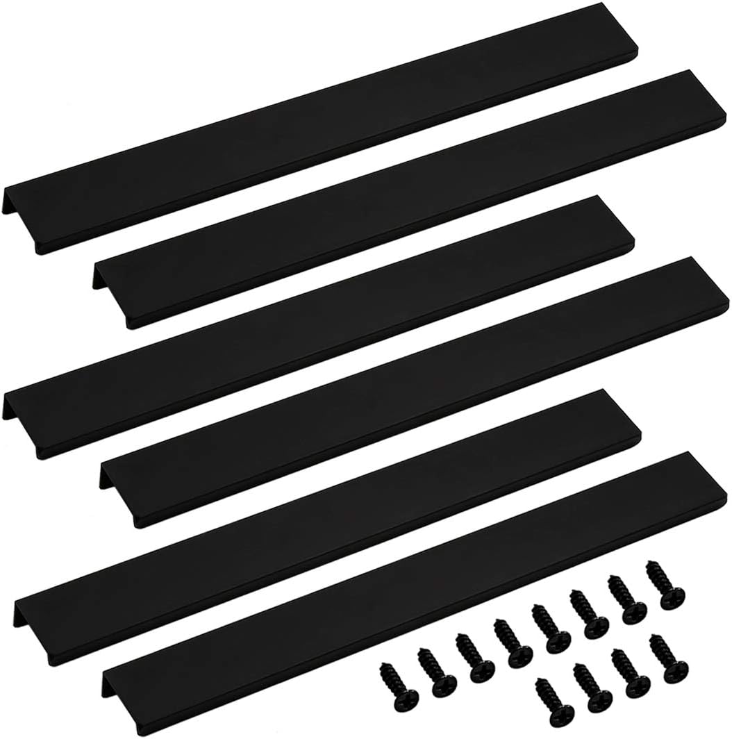 LC LICTOP Edge Pull Handles for Cabinets, 11.8 Inch Aluminum Alloy Finger Tab Pulls, Concealed Drawer Handles for Kitchen, Dresser, Wardrobe, 8.82 Inch Hole Spacing, 6Pcs Black Edge Pulls