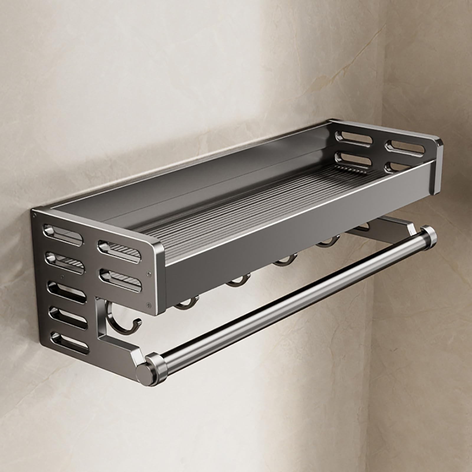 TXGJWRA Large Capacity Shower Shelves with Towel Bar and Hooks Rustproof Space Aluminum Shower Caddy Wall Mounted Bathroom