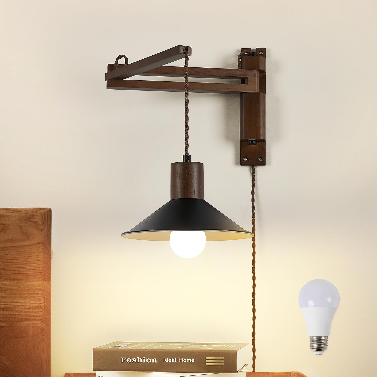 Retro Style Plug in Wall Sconce,Dimmable Swing Arm Wall Sconce,Plug in Wall Light with Open Lampshade,Wooden Hanging Lights with Plug in Cord, for Bedroom,Office,Bulb Included