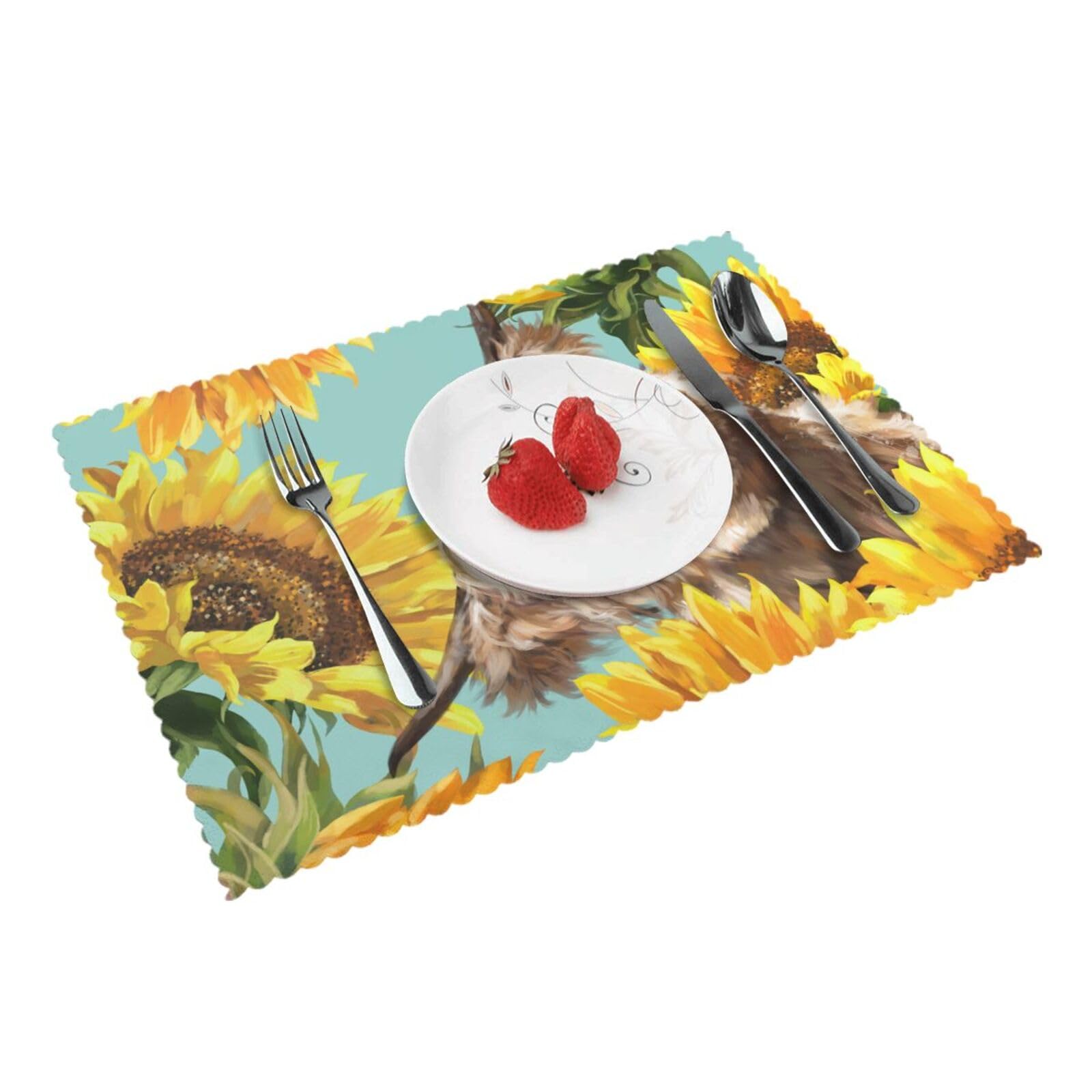 Cow with Sunflowers in Blue Printed Placemats Set of 4 PCS Washable Placemat for Kitchen Table Heat-resistant Table Mats 45x30 CM