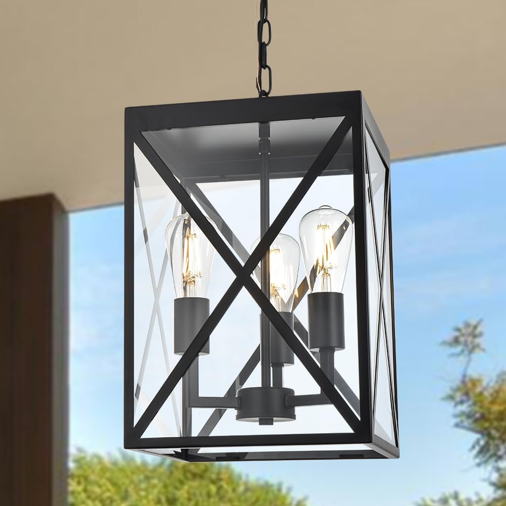 TODOLUZ Large Outdoor Porch Light Adjustable Chain, 3-Lights Modern Outdoor Pendant Lighting in Matte Black Finish, Outside Ceiling Mount Lamp for House Front Door Porch Patio Entryway Clear Glass Panel