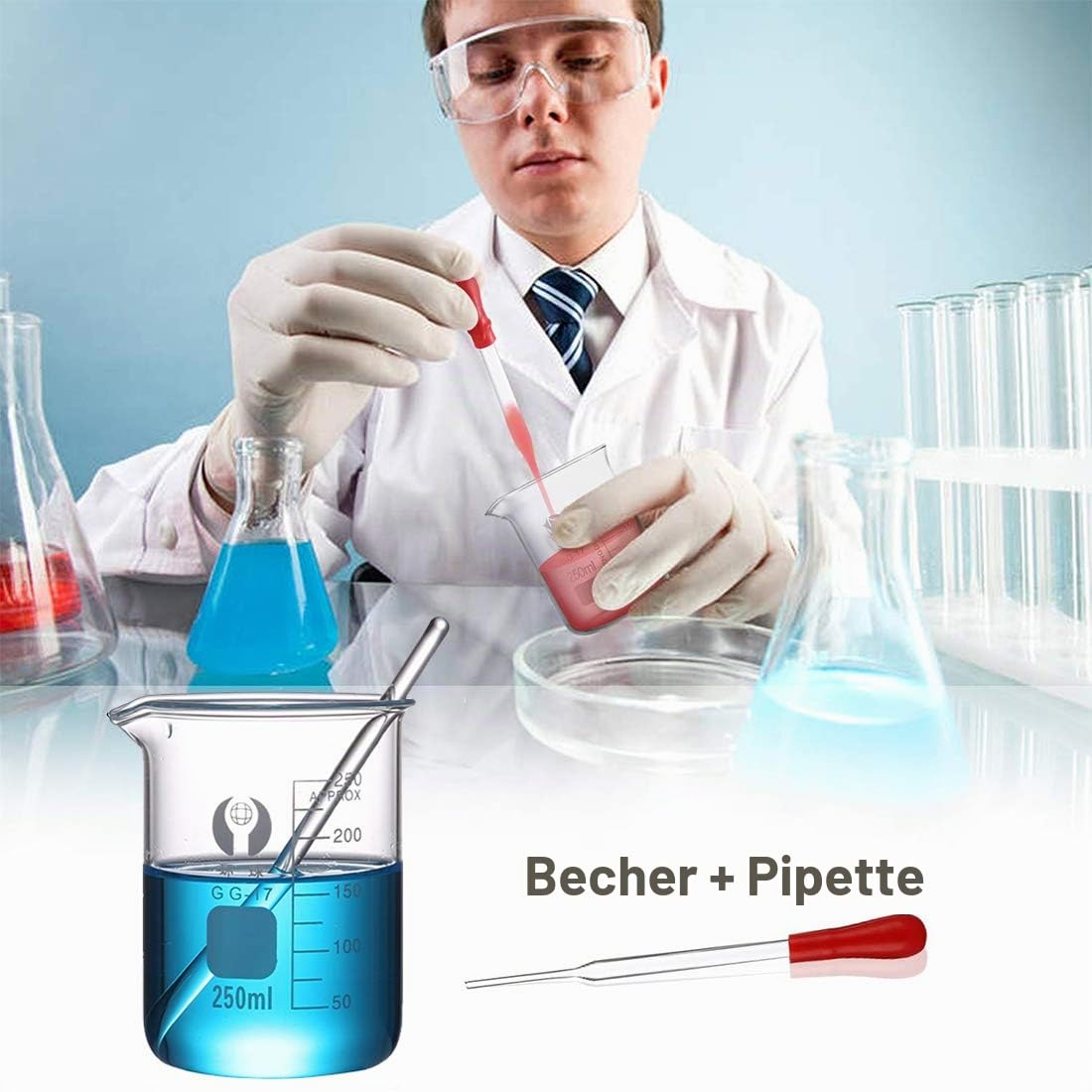 Glas Erlenmeyerkolben Set, JESTOOLO 50 ml Becherglas, 50 ml Konisch Fläschchen, 10 ml/5ml Messzylinder Glas mit 3 Glas Pipetten, 2 Waschbürste und 2 Glasstab, für Labor Lebensmittel Forschung Medizin