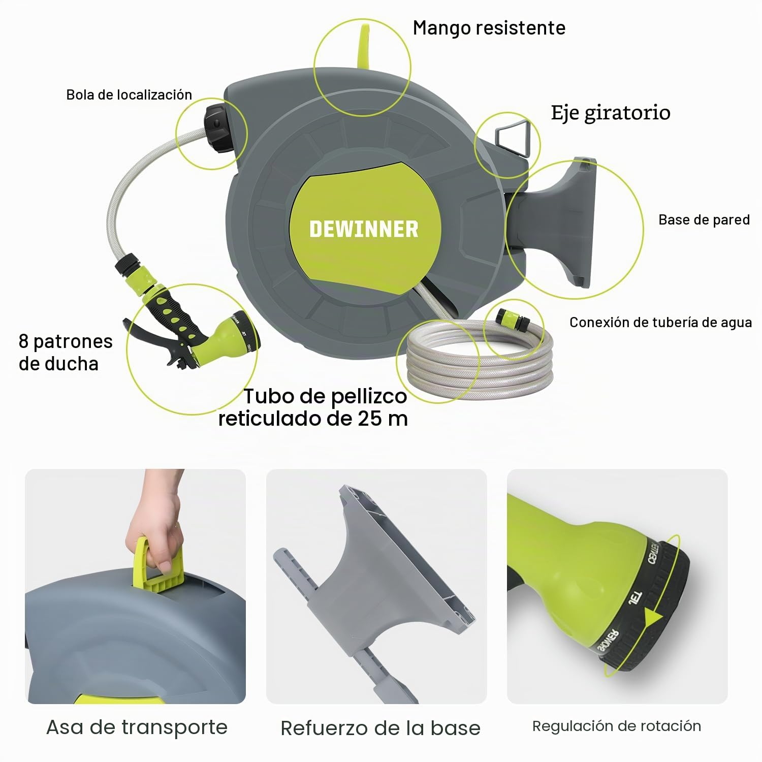 Carrete de Manguera de Jardín, DEWINNER Carrete Automático de Montaje en Pared con Boquilla de Pulverización, Soporte de Rebobinado Automático, Servicio Pesado, Manguera de 20+2M Riego Al Aire Libre