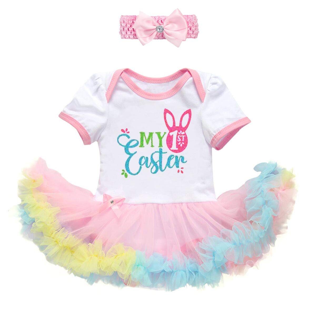 Baby Girls My 1st Easter Outfit Floral Short Sleeve Rainbow Romper Ruffle Tutu Skirt Headband Birthday Festival Carnival Party Dress Fancy Clothes Set for Newborn Gifts 2pcs White 6-12 Months