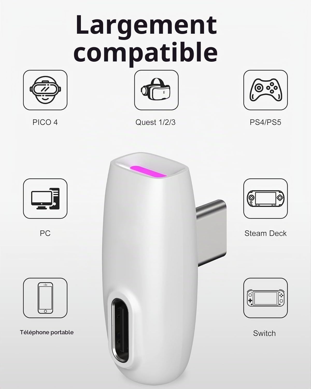 eppfun Cutemeet380 Écouteurs Bluetooth 5.2 Gaming sans Fil pour VR Quest3 2 avec 2,4 GHz Dongle USB-C, 30 ms Faible Latence, Compatible avec PS5, PC, Switch
