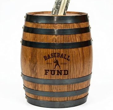 Thousand Oaks Barrel Co. Handmade Wooden Oak Barrel Adult Piggy Bank - Money Saver for Real Cash, Bills & Coins - Large 6.5 x 4.5 x 4.5 inches with Baseball Fund Engraving - Piggy Banks for Adults