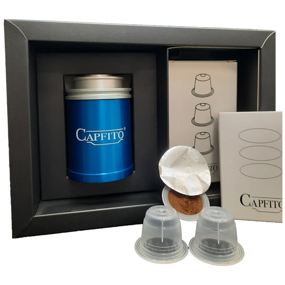 Kit, Cápsula reutilizable para máquinas compatible Nespresso (original), [1 Capfito + 12 cápsulas reutilizables de polipropileno +100 discos de aluminio] (azul)