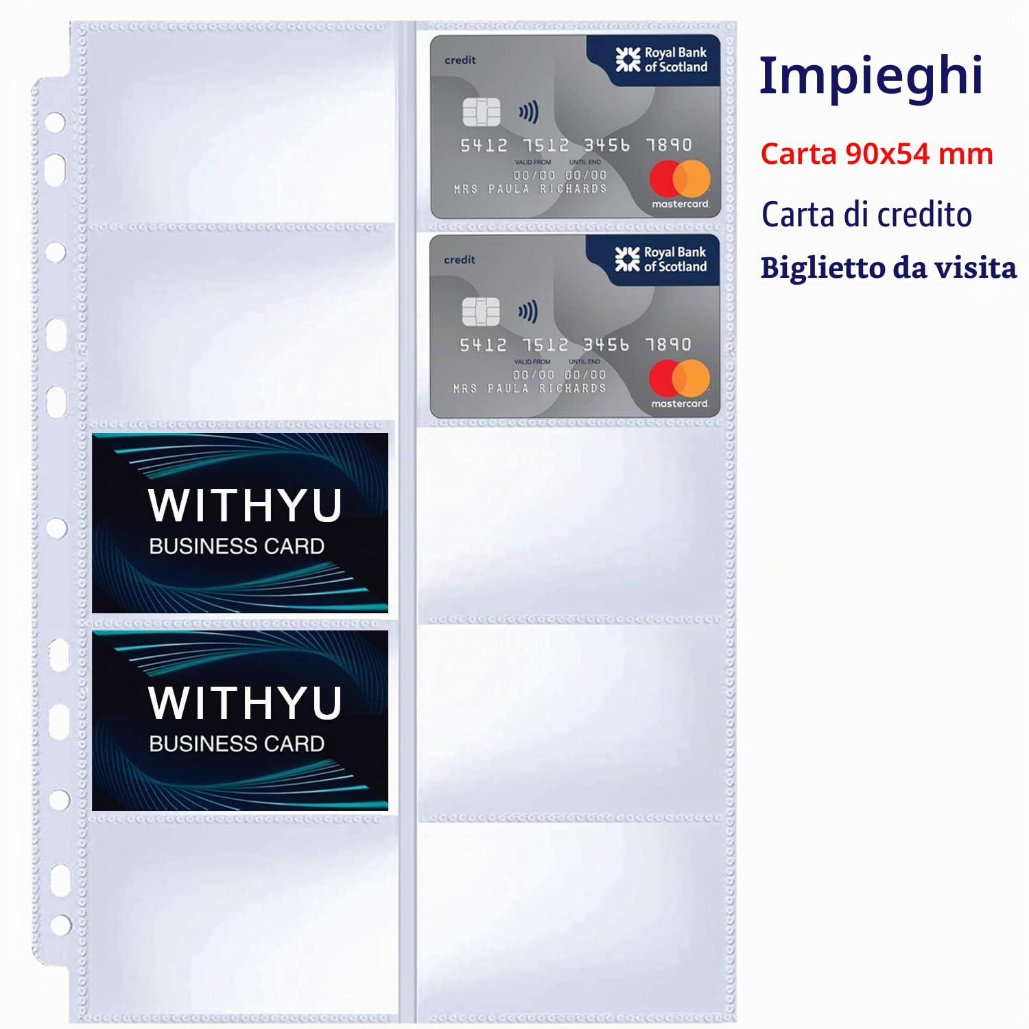 WITHYU 600 Tasche per Biglietti da Visita, Fogli Raccoglitori, Pagine ad Anelli 2/3/4, 10 Tasche Doppia Faccia, Polipropilene A4 Trasparente