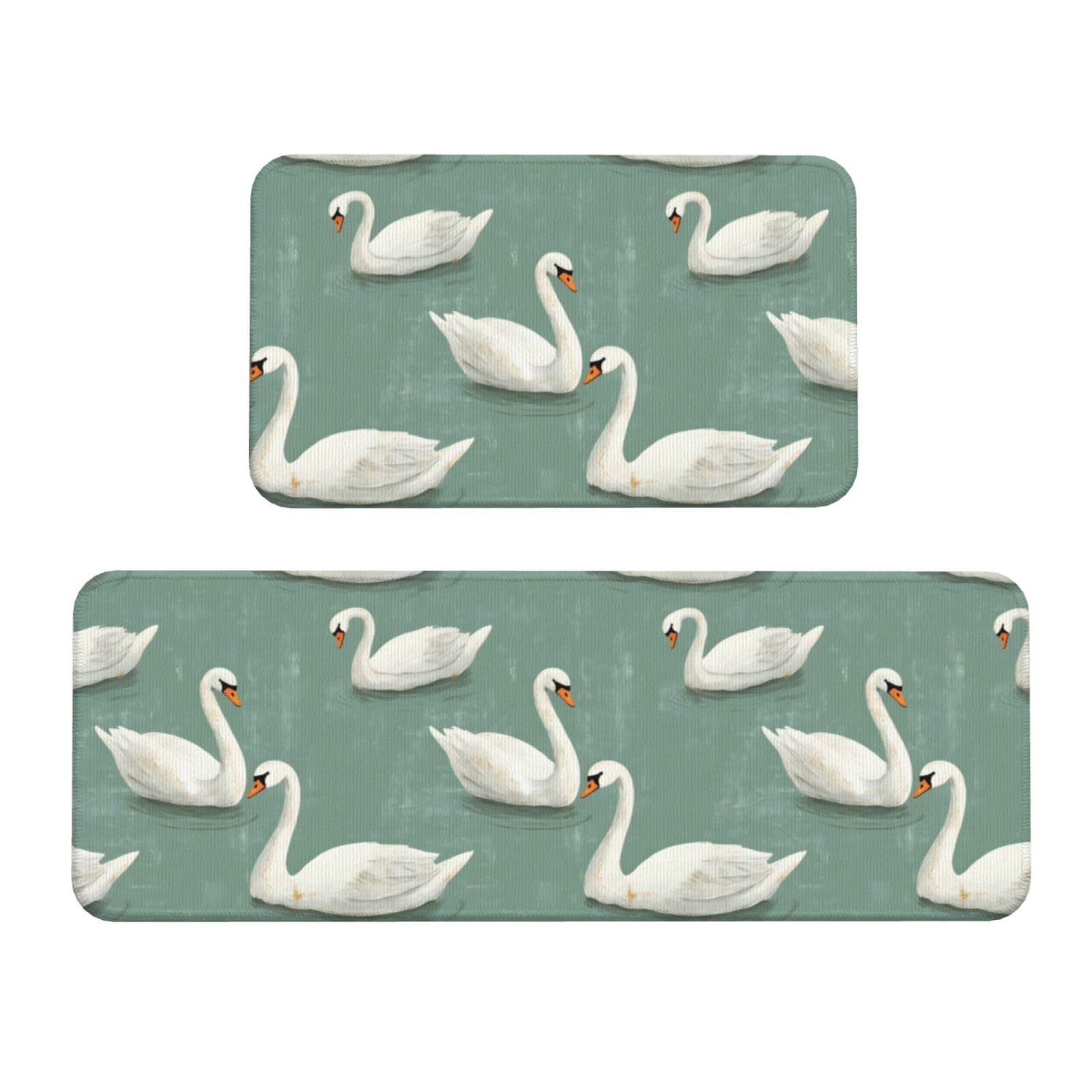 GVYGVY Antifatigue Kitchen Mats for Floor 2 Piece - Modern Style Swan Print Kitchen Rugs Washable, Non Slip Runner Rug Standing Mat for Office/Bathroom/Laundry/Home Decor and Accessories