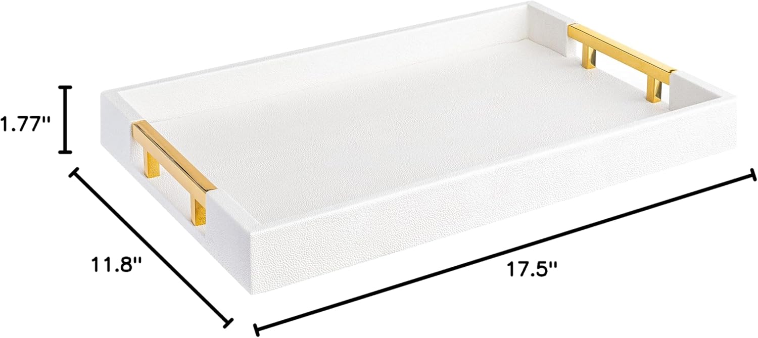 White Glossy Shagreen Faux Leather Tray with Gold Handles