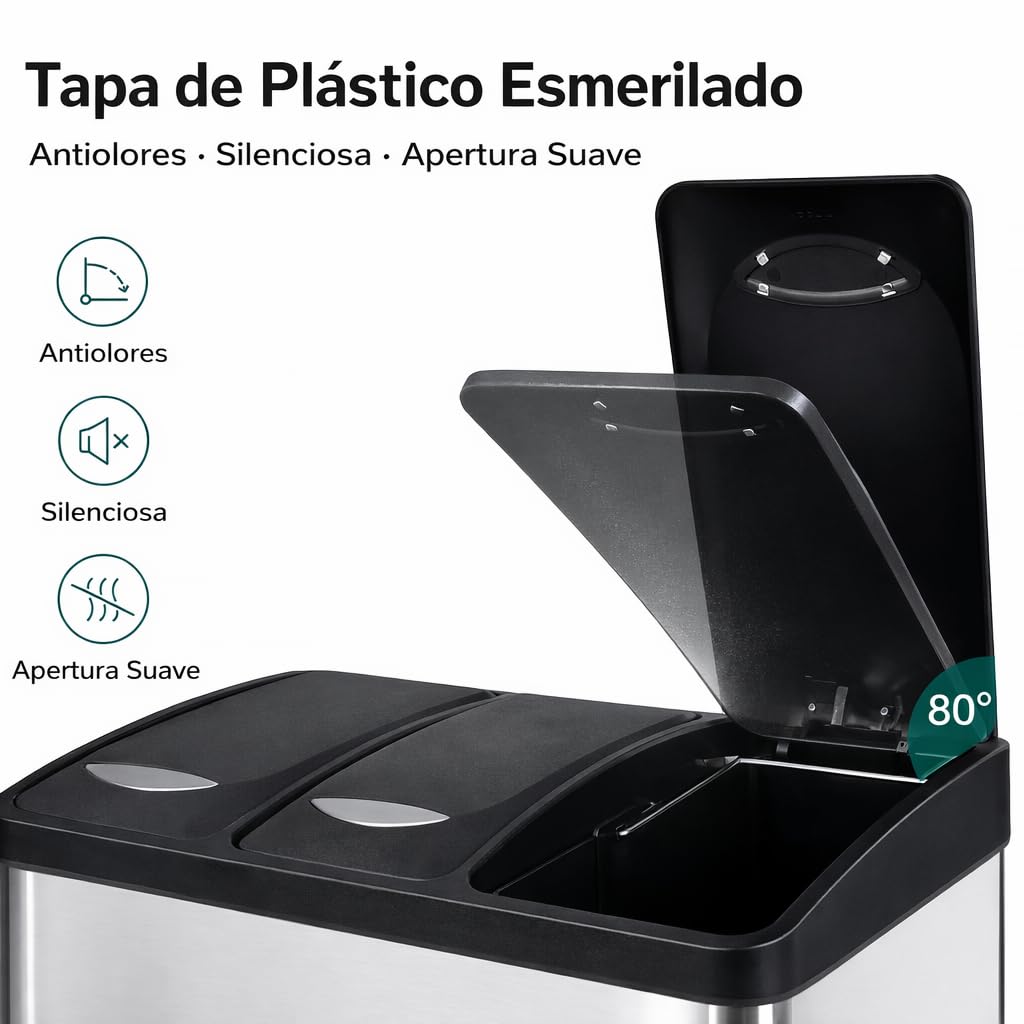T-LOVENDO.ES Cubo basura o reciclaje 3 de compartimentos Grande | 3 X 8L Total 24 Litros | Contenedores de reciclaje separados por color | Papeleras con pedal | Acero | Gran capacidad