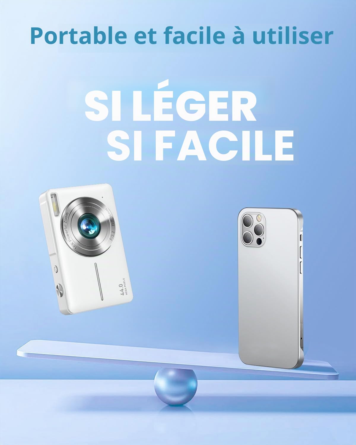 Appareil Photo Numérique, FHD 1080P Autofocus 44MP Appareil Photo Enfant avec Carte 32GB, Zoom 16X, Anti-Shake, ​​2 Batteries, Appareil Photo Compact pour Enfants Adultes ​​Débutants​ (Blanc)