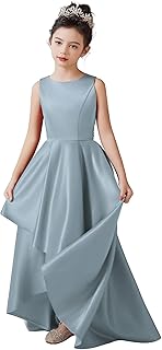 dideyttawl Satin Hi-Lo Formal Dress for Girls 4-16 Sleeveless A Line Quinceanera Dresses Flower Girl Dresses for Wedding