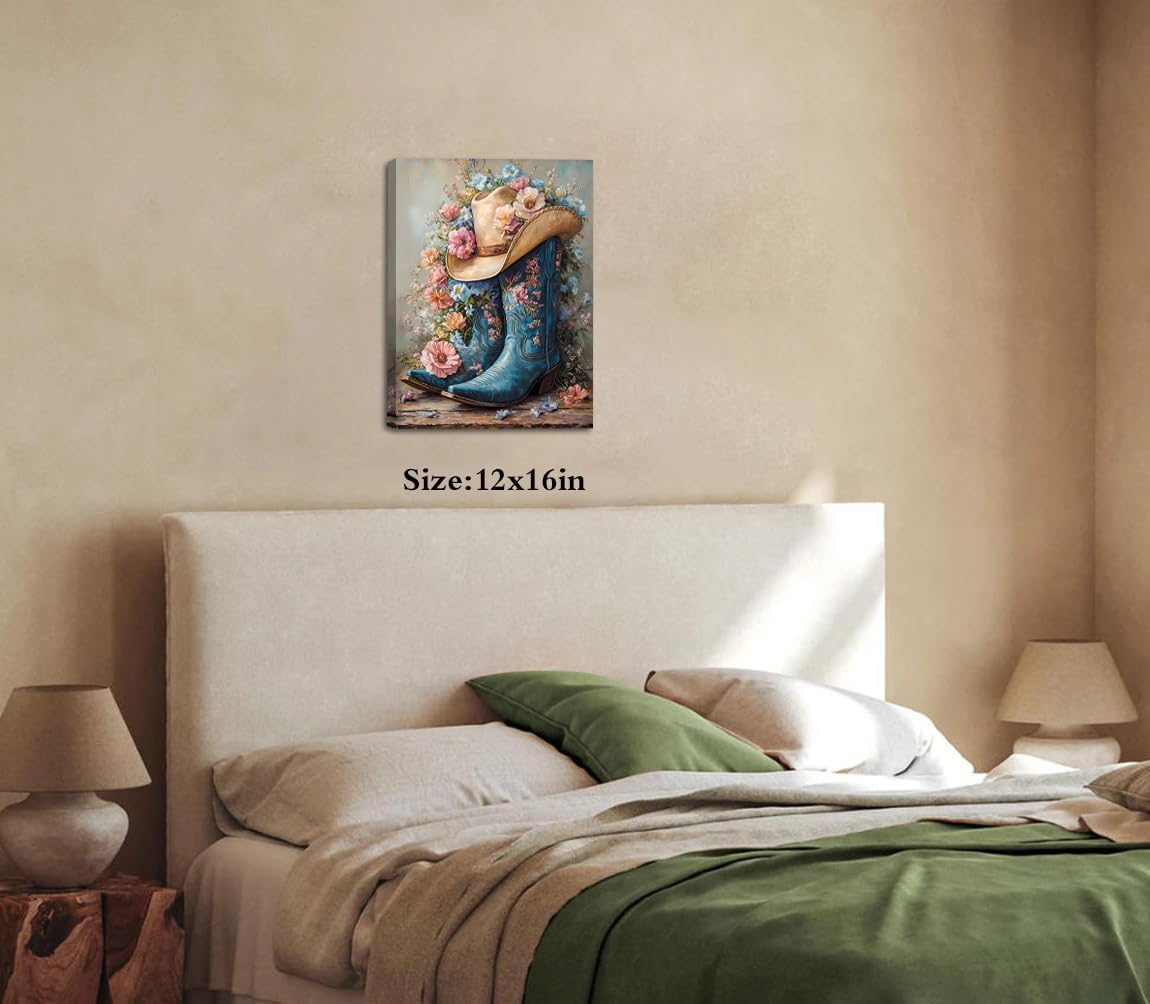 Floral Cowgirl Boots Canvas Wall Art Prints,Cowboy Hat with Flower Wall Decor Paintings,Trendy Preppy Western Aesthetic Prints Pictures for Girls Bedroom Living Room Dorm (Framed 12"x16")