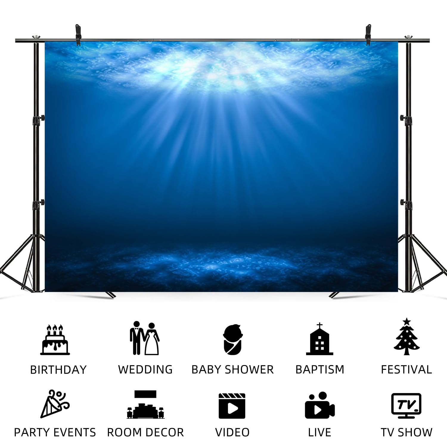 Toile de fond sous la mer 3 x 2,4 m - Motif rayon de soleil - Scène de l'océan bleu - Bannière sur le thème aquatique - Accessoires de photomaton - Décoration de style sous-marin - Rayons